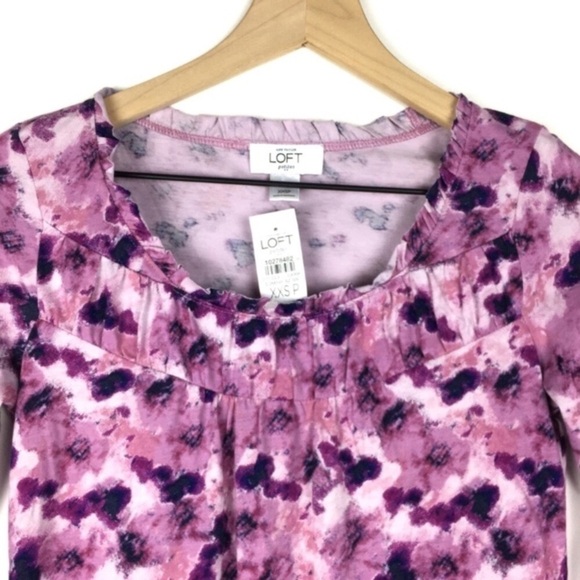 LOFT Top Floral Ruffle Neckline Long Sleeve Lightweight Tie Dye Petite Size XXSP - Picture 2 of 6